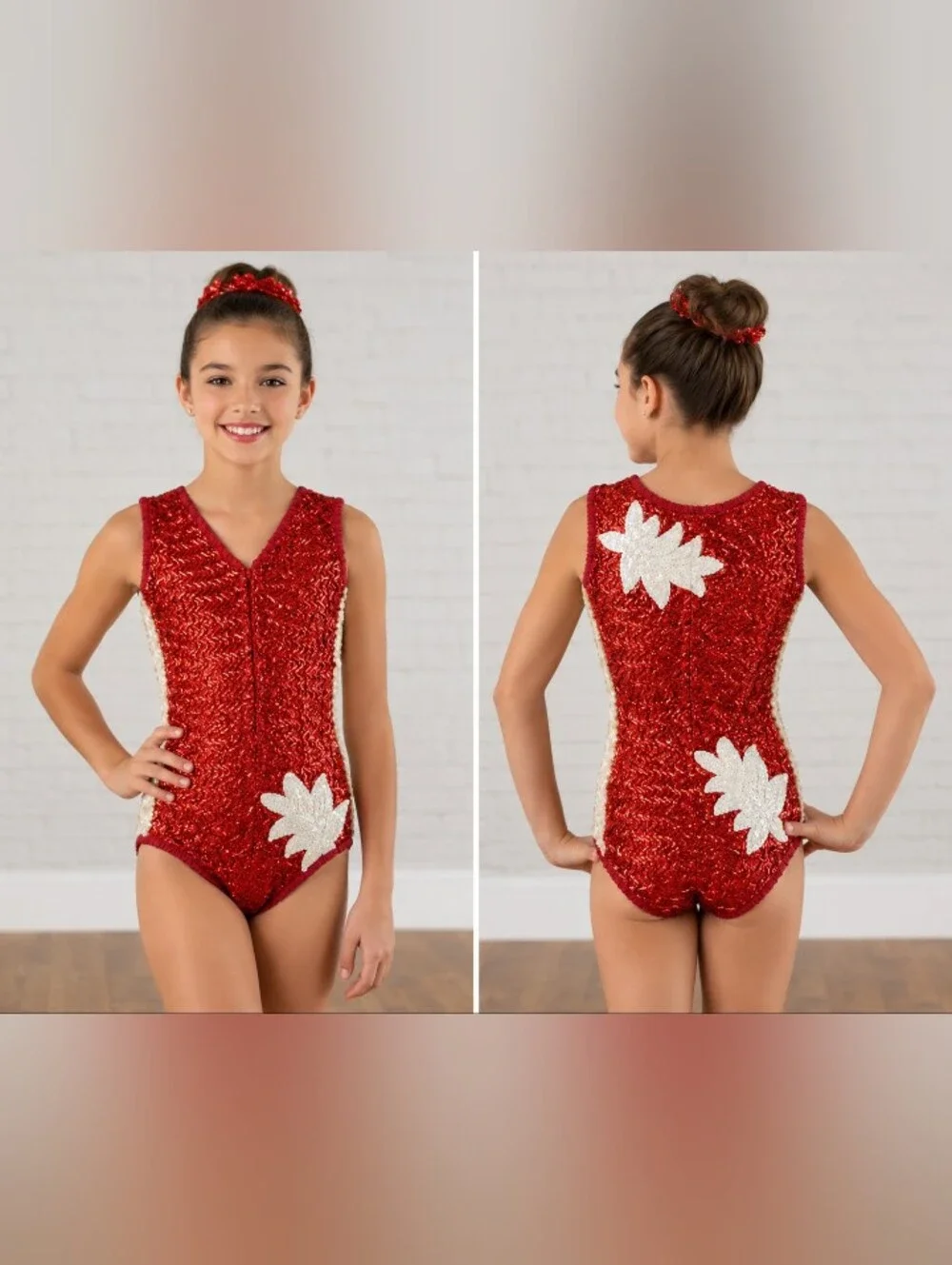 Vintage Leo's Dancewear Red Sequin Leotard Girls 12-A Floral Gymnastics Costume
